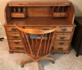 MAPLE ROLL TOP DESK & MATCHING CHAIR ON WHEELS