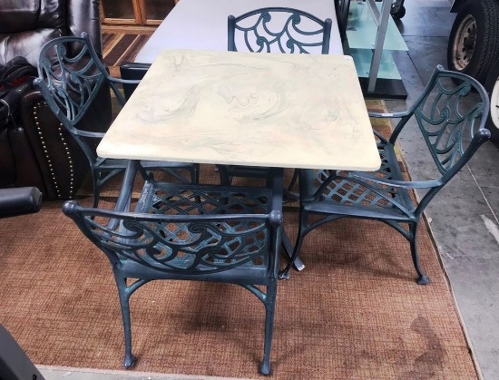 CAST IRON PATIO SQUARE TOP TABLE & 4 CHAIRS