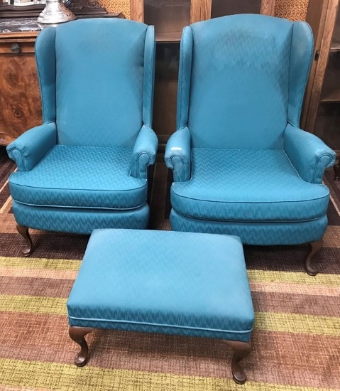 PAIR OF BLUE WING BACK CHAIRS & ONE OTTOMAN