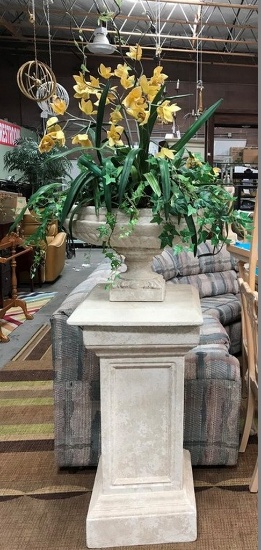 LARGE PEDESTAL WITH PLANTER & NEVER DIE YELLOW FLOWERS