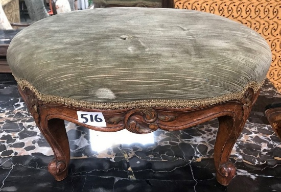 ANTIQUE OAK FOOT STOOL - GREEN FABRIC