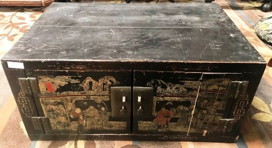 ANTIQUE ASIAN BLACK CABINET WITH TWO DOORS