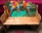 GREAT SOLID WOOD CARVED BENCH WITH COLORFUL PARROTS - 30