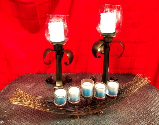 LOT OF CANDLE HOLDERS W/ CANDLES