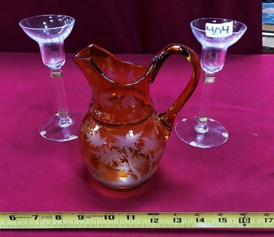 GORGEOUS AMBER ETCHED PITCHER & (2) CHRISTIAN DIOR CANDLEHOLDERS