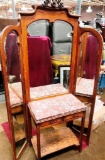 ANTIQUE OAK VANITY W/ SIDE DRESSING MIRRORS & MARBLE TOP