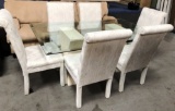 GLASS TOP PEDESTAL TABLE & 6 CHAIRS