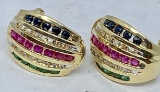 14KT YELLOW GOLD MULTI COLOR GEMS WITH DIAMOND EARRINGS