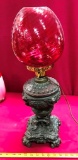 RUBY RED SHADE ANTIQUE LAMP