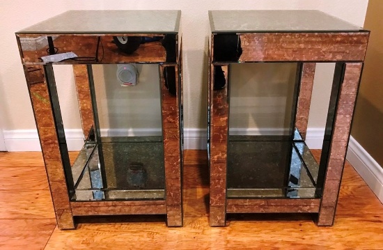 PAIR OF ALL MIRROR PEDESTAL TABLES