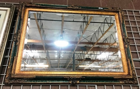 ORNATE GOLD AND GREEN BEVELED MIRROR