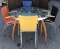 GLASS TOP TABLE W/ MULTI COLOR ARM CHAIRS