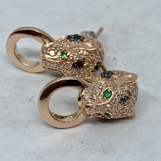 14KT ROSE GOLD EMERALD / DIAMOND PANTHER EARRINGS 1.08CTS DIAMOND .05CTS EMERALD