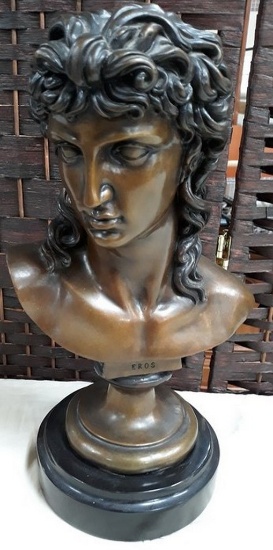 14" TALL ANTIQUE MARKED BRONZE BUST ON MARBLE - SEE PICTURES