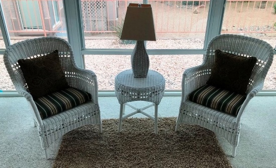 4PC WHITE RATTAN PATIO SET - 2 ARM CHAIRS, END TABLE & LAMP