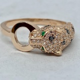 14KT ROSE GOLD BLUE SAPPHIRE /EMERALD DIAMOND PANTHER RING