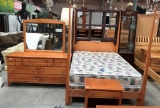 QUEEN 4 POSTER BED, DRESSER W/ MIRROR & NIGHTSTAND - PLUS MATT & BOX