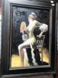 BLACK FRAMED SIGNED ARTWORK LADY SITTING ON CHAIR