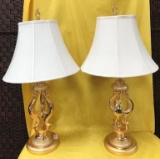 PAIR OF BRASS LAMPS W/ WHITE SHADES  - PRICED 320.00 EACH LAMP