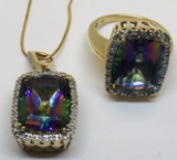 14KT YELLOW GOLD 27.00CTS MYSTIC TOPAZ AND .40CTS DIAMOND RING AND PENDANT