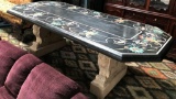 BLACK LACQUER TOP DOUBLE PEDESTAL INLAID DINING TABLE