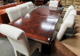 GORGEOUS LONG WELL BUILT SOLID WOOD TABLE & 8 WHITE CHAIRS