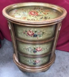 THREE DRAWER FLORAL PAINTED OVAL TOP END TABLE
