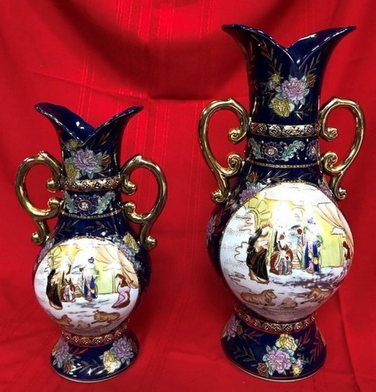 14" & 18" TALL - PAIR OF GOLD HANDLE VASES