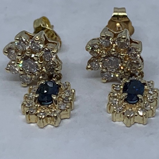 14KT YELLOW GOLD .30CTS BLUE SAPPHIRE AND 1.70CTS DIAMOND EARRINGS