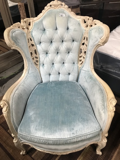 BABY BLUE & WHITE FRAMED CARVED ORNATE CHAIR