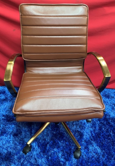NEW DESIGNER FROM WMC - BROWN OFFICE CHAIR ON WHEELS WITH GOLD COLOR FRAME