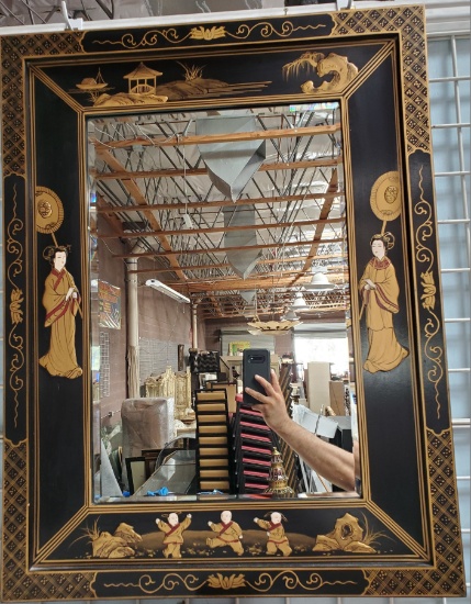 24X32 ASIAN BLACK & GOLD FRAMED MIRROR FROM ESTATE 20-30 YEARS OLD