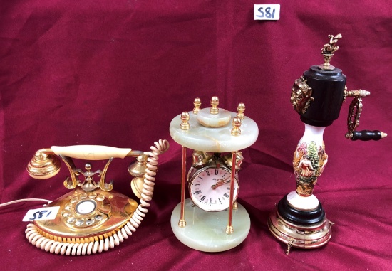 LOT OF THREE DECORATIVE ITEMS - PHONE & CLOCK