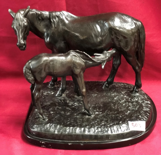 SIGNED BRONZE HORSES ON MARBLE BASE - 14" TALL