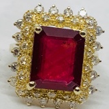 14KT YELLOW GOLD 6.58CTS RUBY AND .55CTS DIAMOND RING