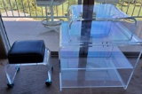 LUCITE TV STAND W/ SWIVEL TOP AND STOOL ON WHEELS