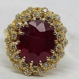 14KT YELLOW GOLD 9.91CTS RUBY AND 1.00CTS DIAMOND RING