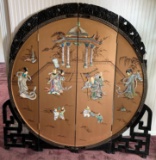 VINTAGE 4 PANEL ASIAN SCREEN - GOLD & ROUND SHAPE