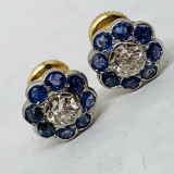 14KT YELLOW GOLD .80 CTS BLUE SAPPHIRE AND .65 CTS DIAMOND EARRINGS