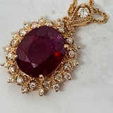 14KT ROSE GOLD 7.86CTS RUBY AND .55CTS DIAMOND PENDANT WITH CHAIN