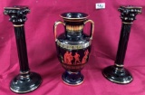 BLACK VASE & PAIR CANDLE HOLDERS