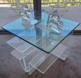GORGEOUS GLASS TOP LUCITE MAGAZINE END TABLE & LUCITE BOOK ENDS