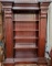 LARGE MAHOGANY LIGHTED BOOKCASE W/ GLASS SHELVING AND SIDE SHELVING