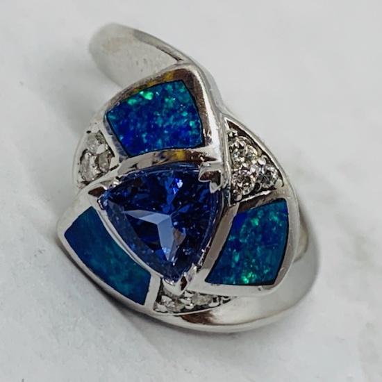 14KT WHITE GOLD 1.35CTS TANZANITE AND .12CTS DIAMOND AND INLAY OPAL RING