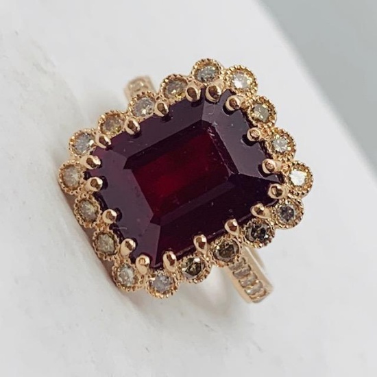 14KT ROSE GOLD 10.30CTS RUBY AND .68CTS DIAMOND RING