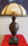 GORGEOUS LEADED GLASS ANTIQUE LAMP W/ COIN MARKING -SEE PICS