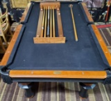 WORLD OF LIESURE MODEL, BLACK FELT & SLATE TOP POOL TABLE, CUES AND RACK