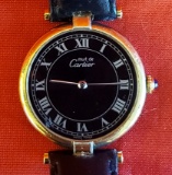 LADIES CARTIER WATCH - GOLD PLATED ON SILVER & LEATHER BAND