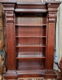 LARGE MAHOGANY LIGHTED BOOKCASE W/ GLASS SHELVING AND SIDE SHELVING