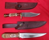 LOT OF TWO KNIVES WITH LEATHER SLEEVES - SEE PICS FOR MARKINGS